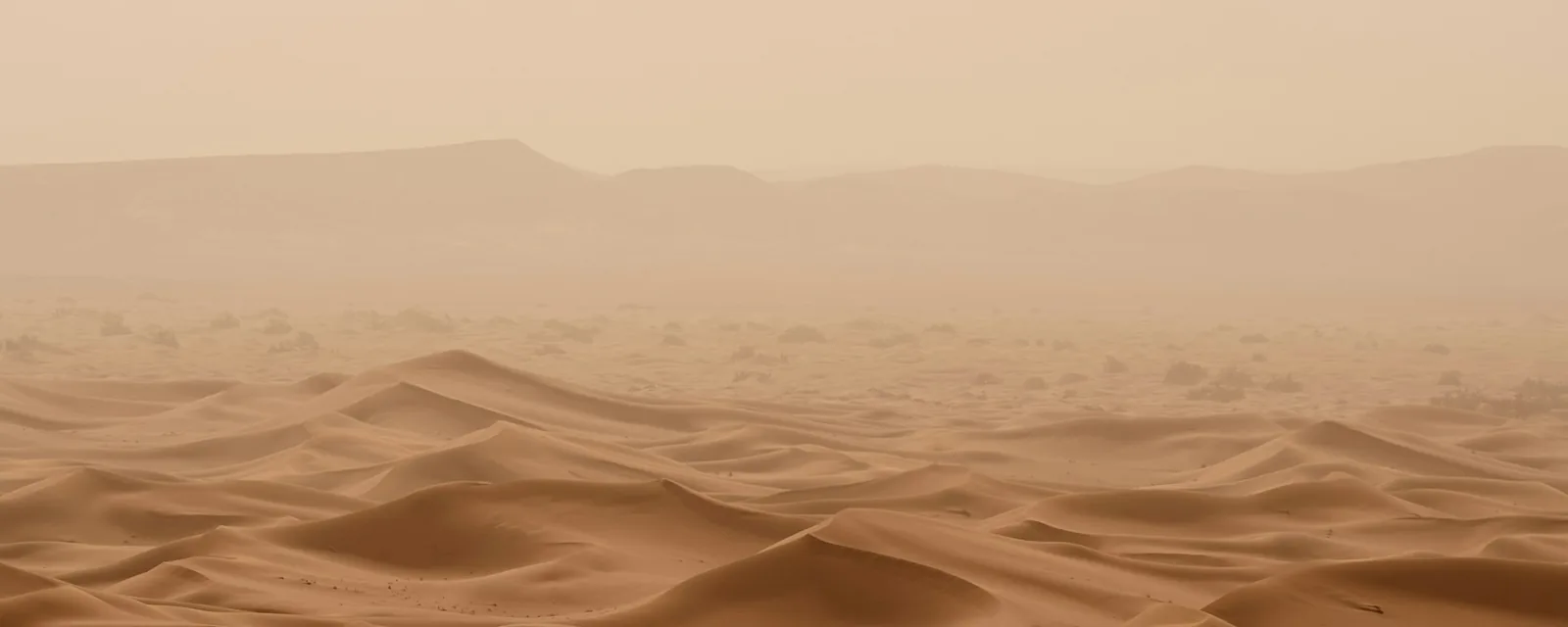 Rolling sand dunes under a hazy warm brown desert sky